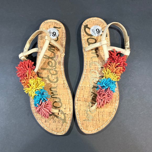 Sam Edelman Gates Leather Tan Rainbow Suede‎ Fringe T-Strap Sandals Womens 6.5M - Picture 7 of 8